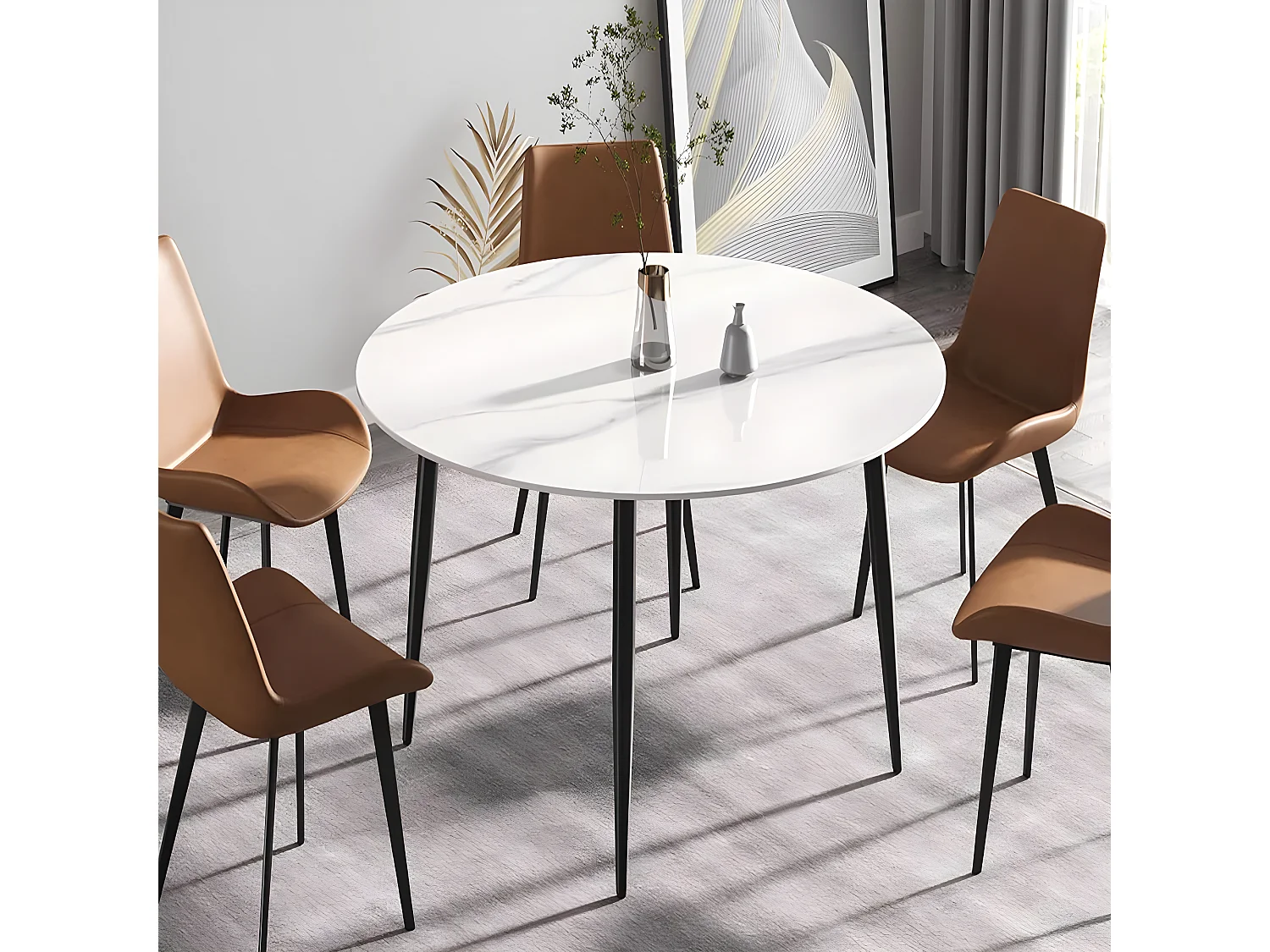 Table à manger ronde ø80x76cm pour 2-4 personnes effet marbre et pieds en fer, style modern 80x80x76cm