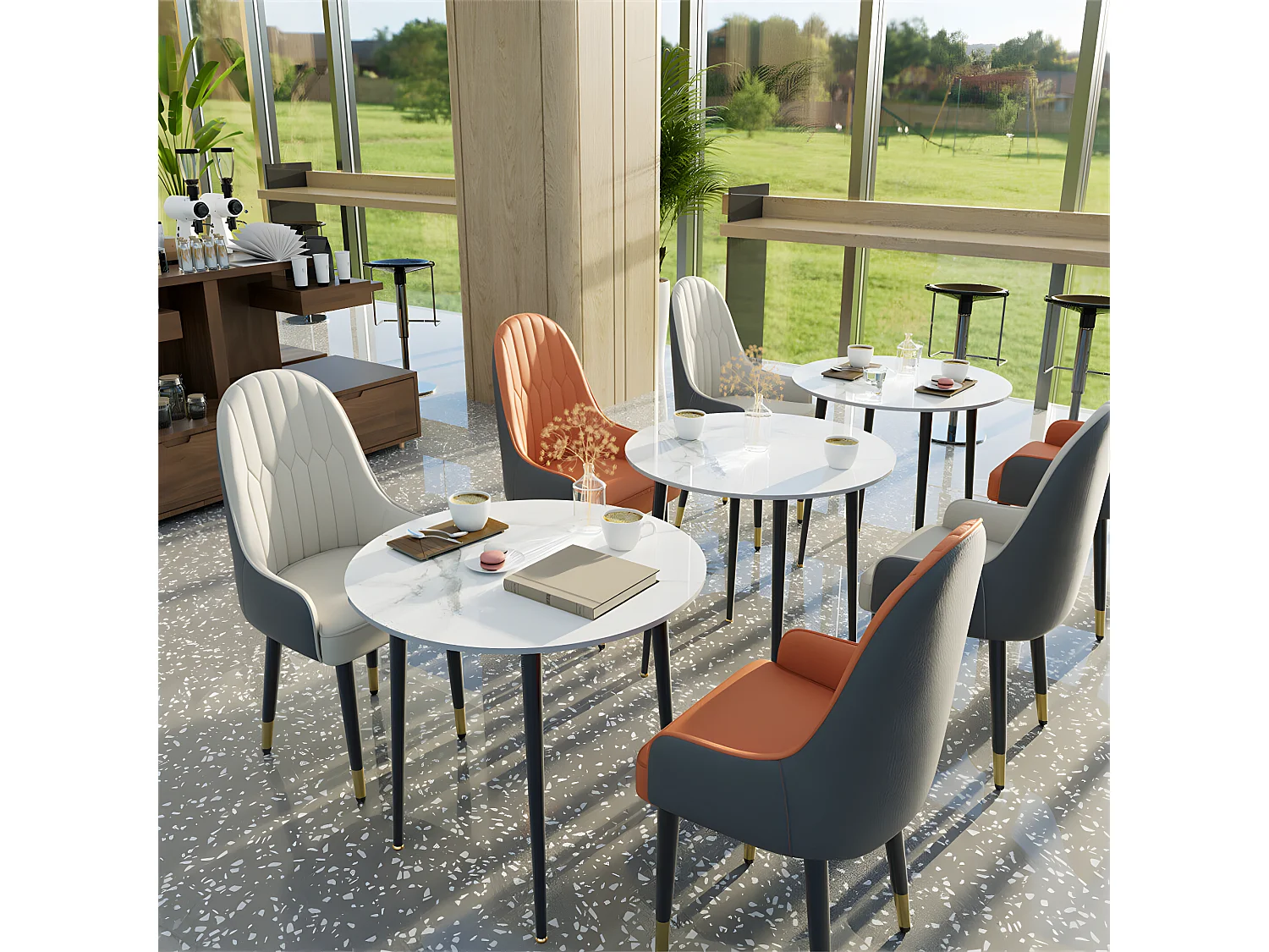 Table à manger ronde ø80x76cm pour 2-4 personnes effet marbre et pieds en fer, style modern 80x80x76cm