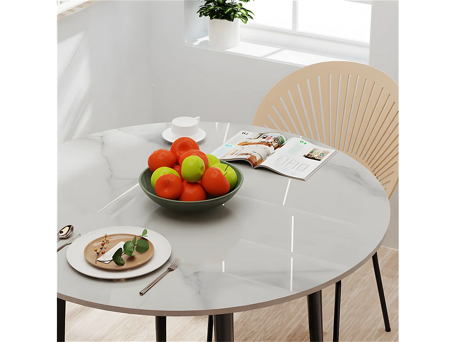 Table à manger ronde ø80x76cm pour 2-4 personnes effet marbre et pieds en fer, style modern 80x80x76cm