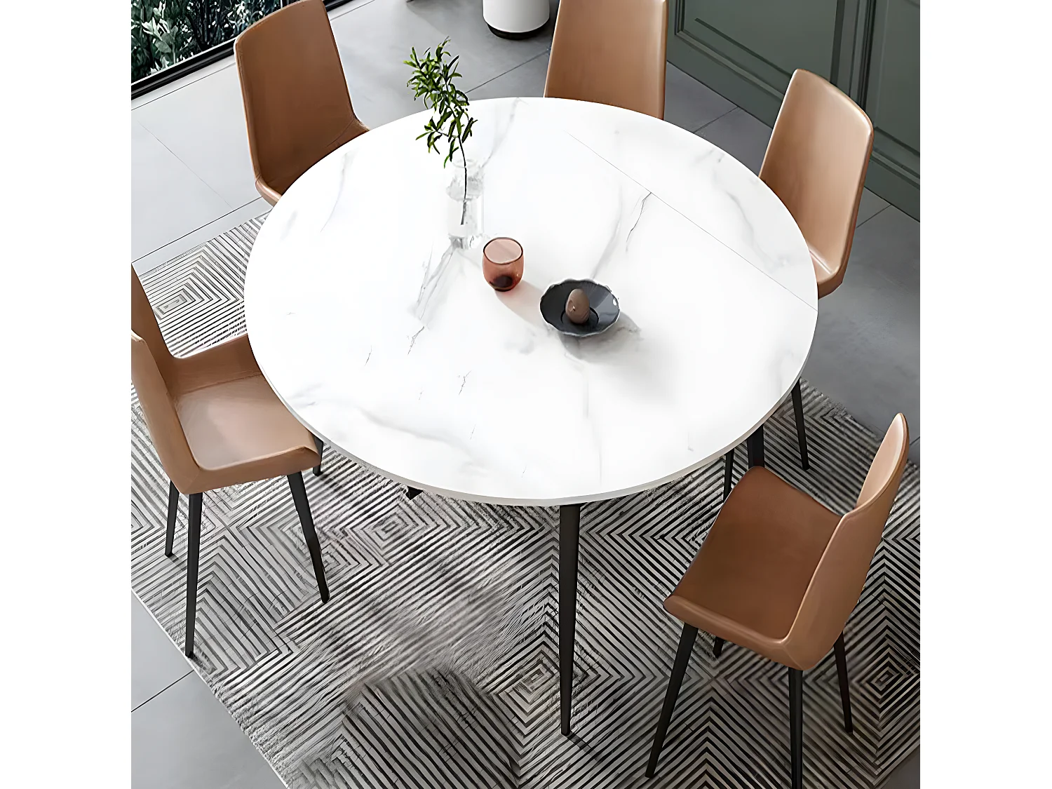 Table à manger ronde ø80x76cm pour 2-4 personnes effet marbre et pieds en fer, style modern 80x80x76cm