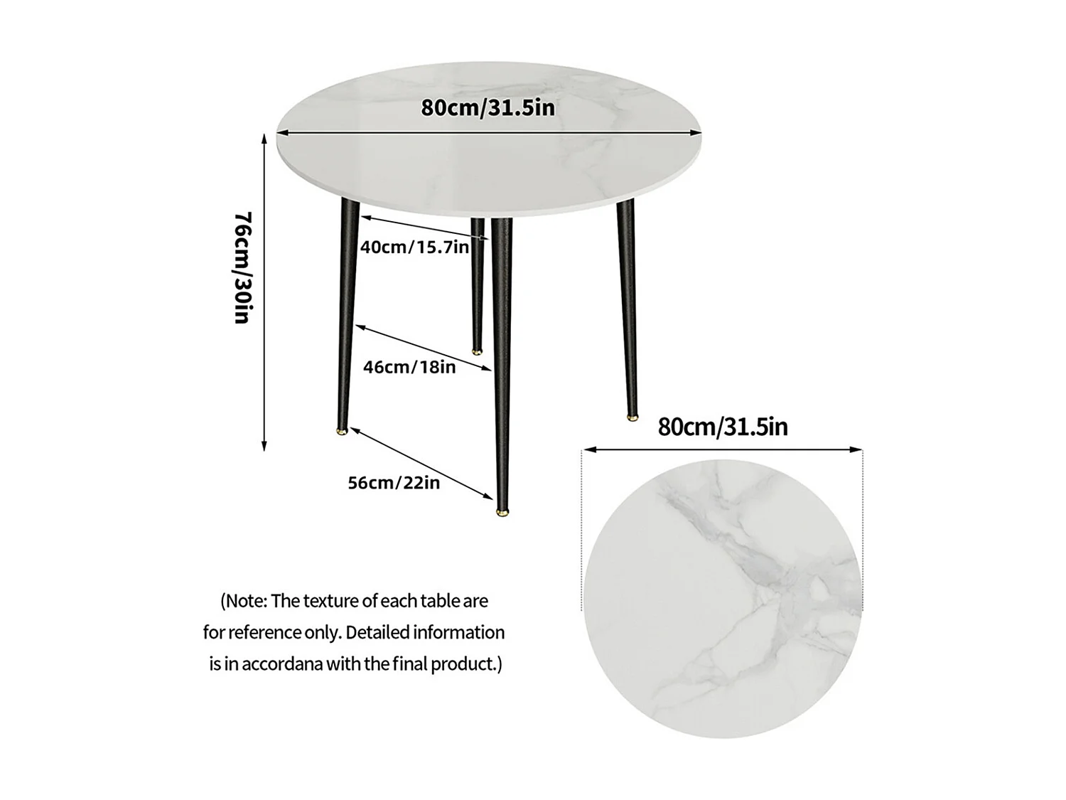 Table à manger ronde ø80x76cm pour 2-4 personnes effet marbre et pieds en fer, style modern 80x80x76cm
