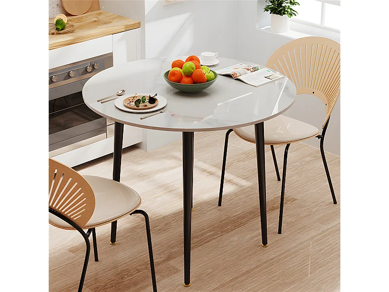 Table à manger ronde ø80x76cm pour 2-4 personnes effet marbre et pieds en fer, style modern 80x80x76cm