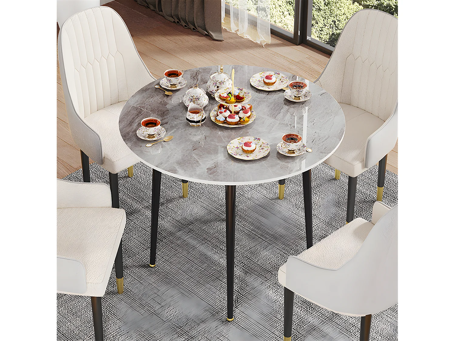 Table à Manger Marbre Ronde: Table Salle à Manger 4 Personnes 80x80x76cm Table Cuisine avec Pieds en Métal