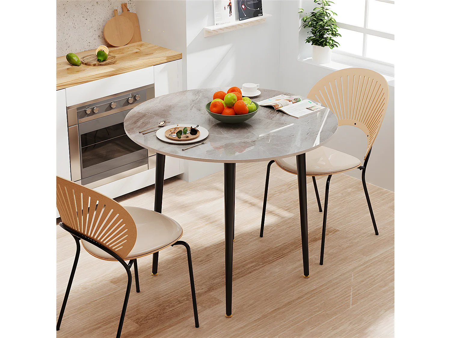 Table à Manger Marbre Ronde: Table Salle à Manger 4 Personnes 80x80x76cm Table Cuisine avec Pieds en Métal