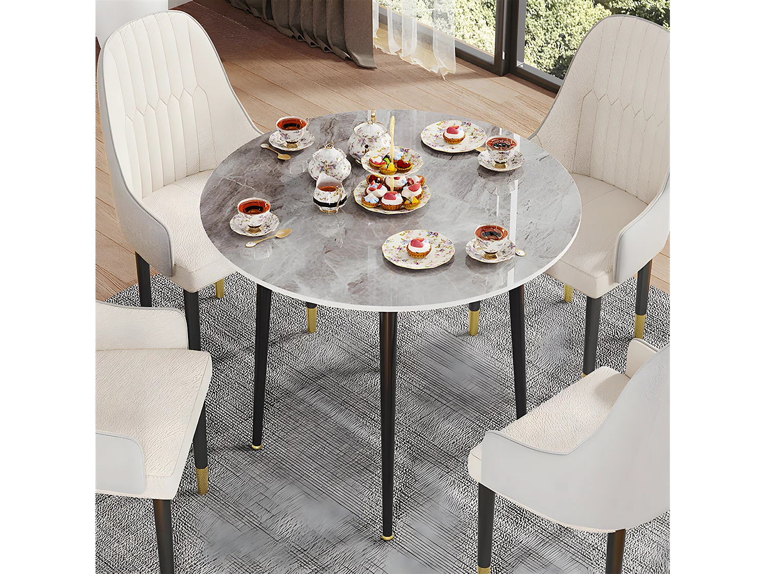 Table à Manger Marbre Ronde: Table Salle à Manger 4 Personnes 80x80x76cm Table Cuisine avec Pieds en Métal