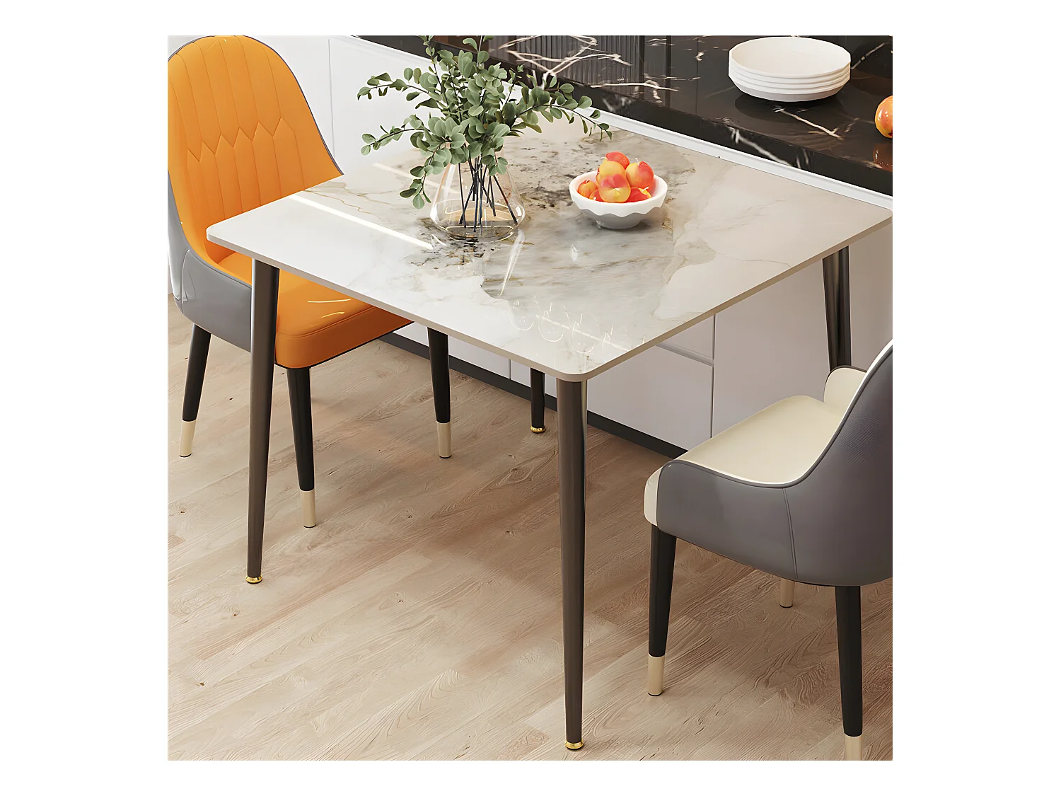 Fativo table à manger ronde pour 4 personnes 80x80cm effet marbre et pieds en fer, style modern 80x80x76cm