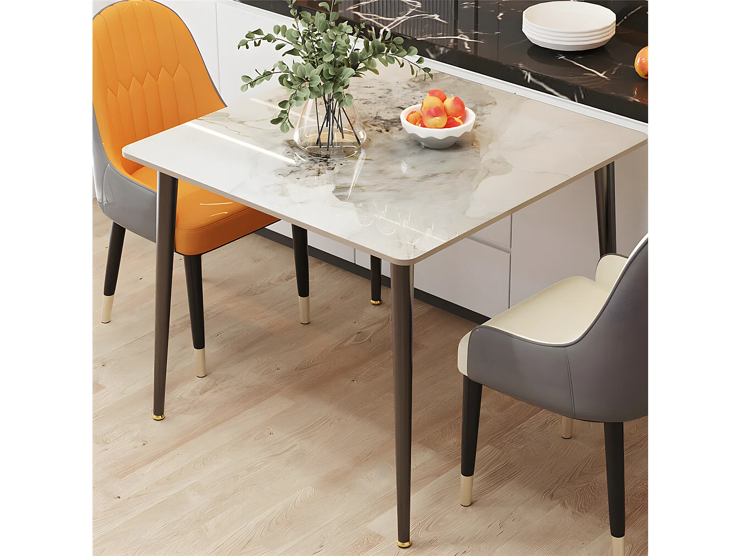 Fativo table à manger ronde pour 4 personnes 80x80cm effet marbre et pieds en fer, style modern 80x80x76cm