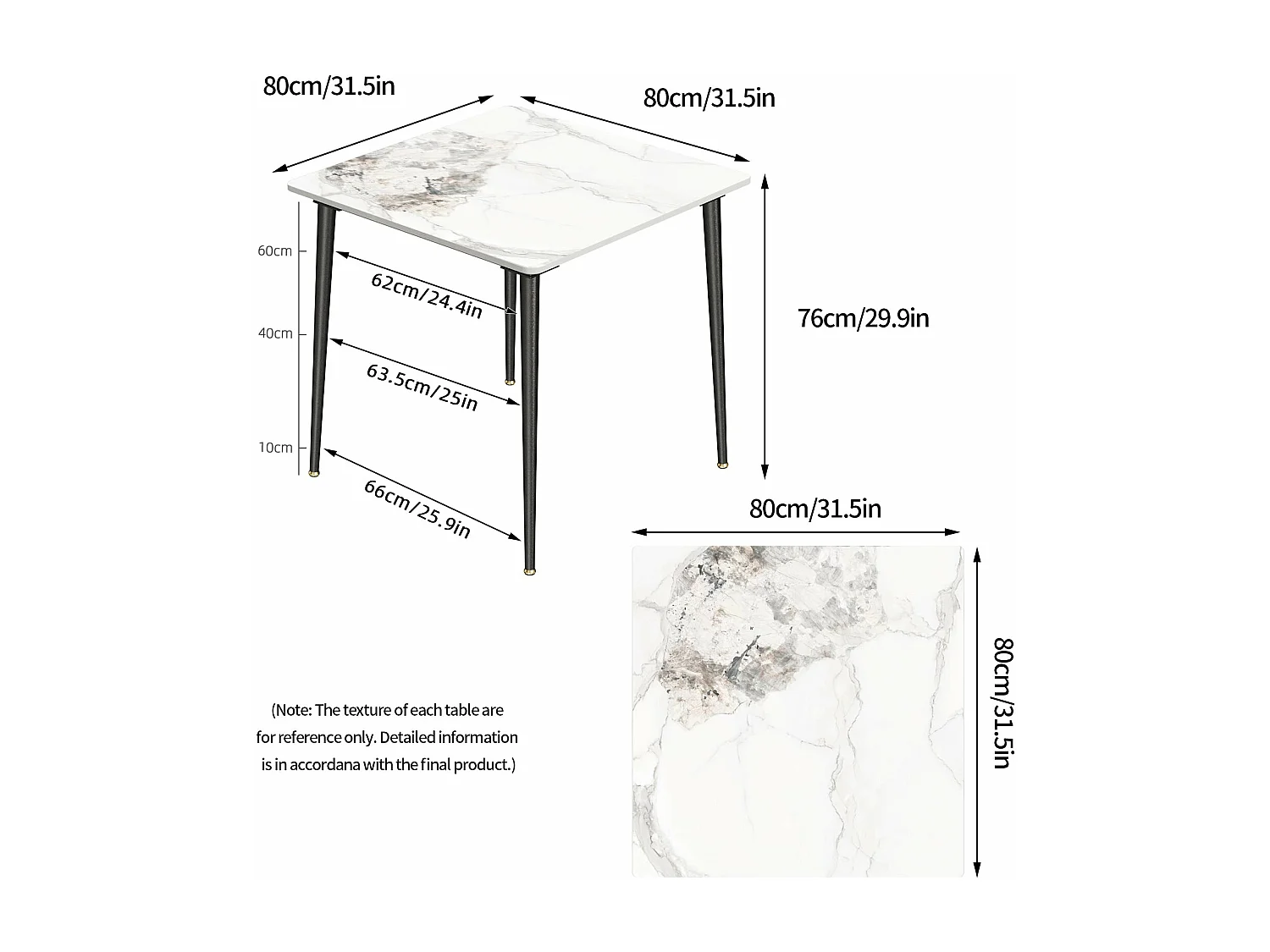 Fativo table à manger ronde pour 4 personnes 80x80cm effet marbre et pieds en fer, style modern 80x80x76cm