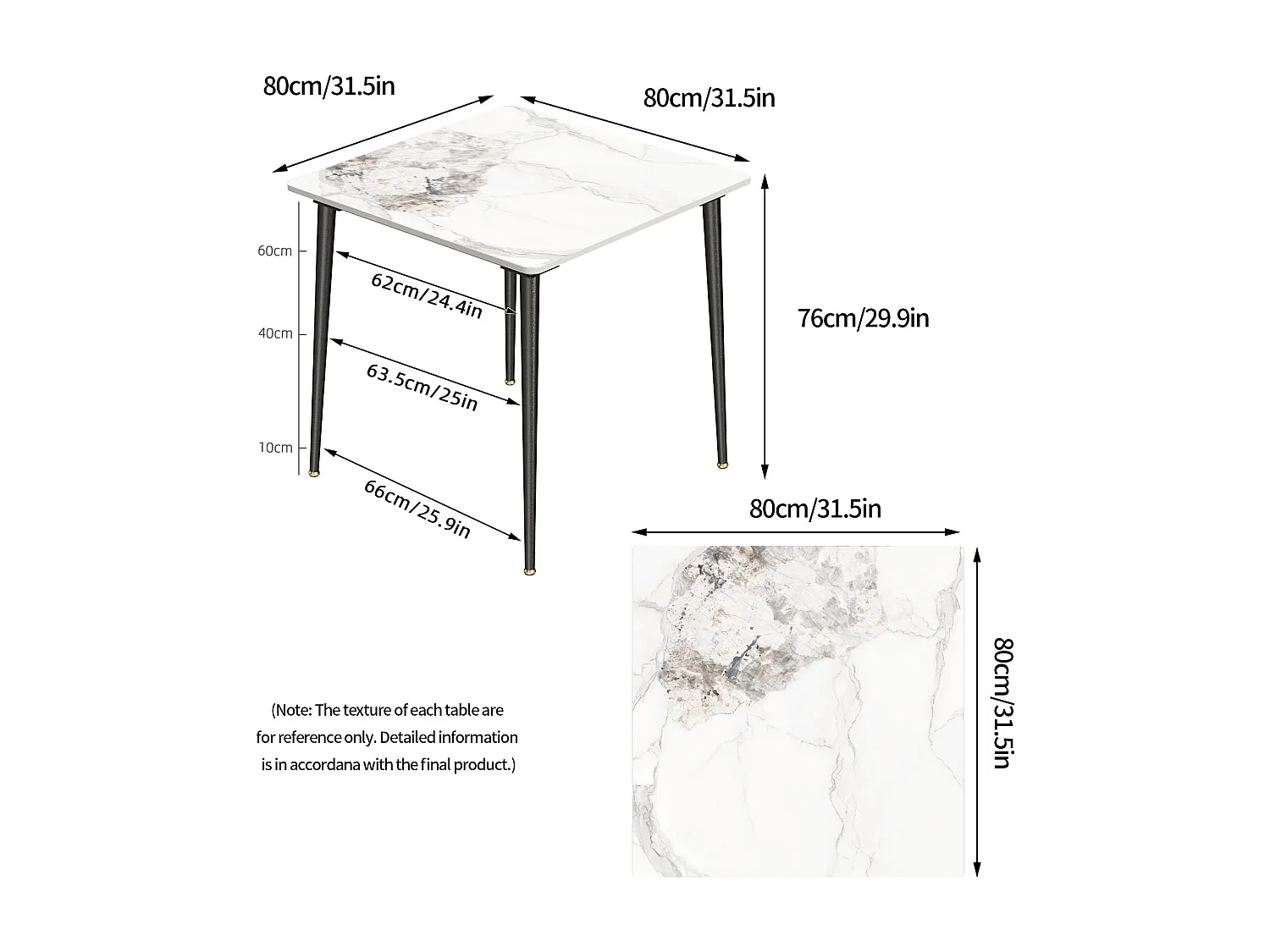 Fativo table à manger ronde pour 4 personnes 80x80cm effet marbre et pieds en fer, style modern 80x80x76cm