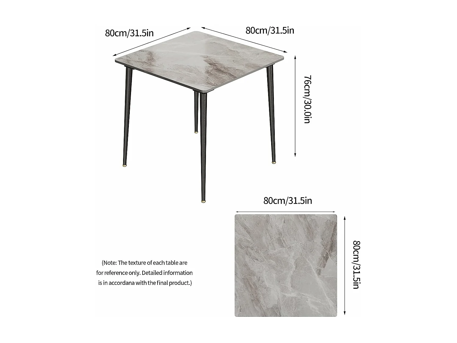 Fativo table à manger 80x80cm effet marbre pour 4 personnes, style moderne 80x80x76cm