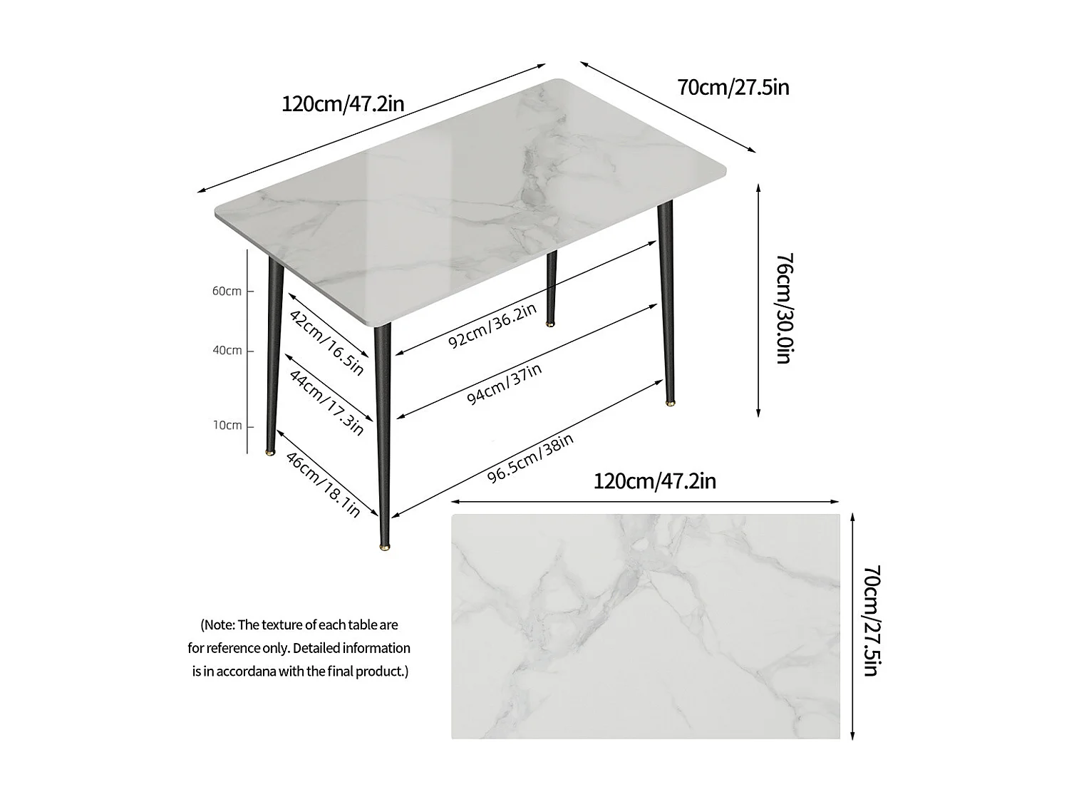 Tavolo da pranzo rettangolare per 6 persone - tavolo da cucina con effetto marmo 120x70cm 120x70x76cm