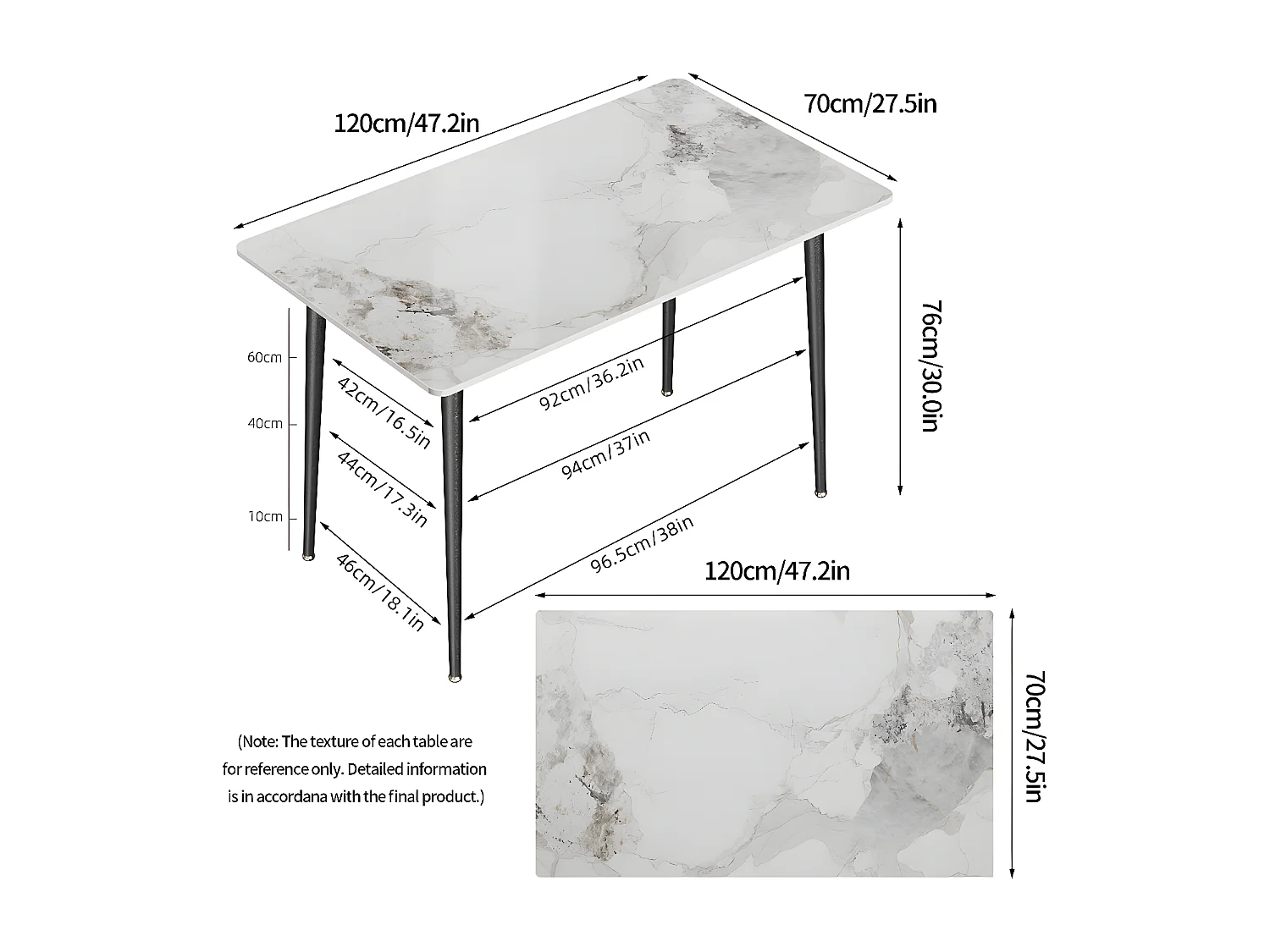 Rechthoekige eettafel voor 6 personen in marmer - wit 120x70x76cm
