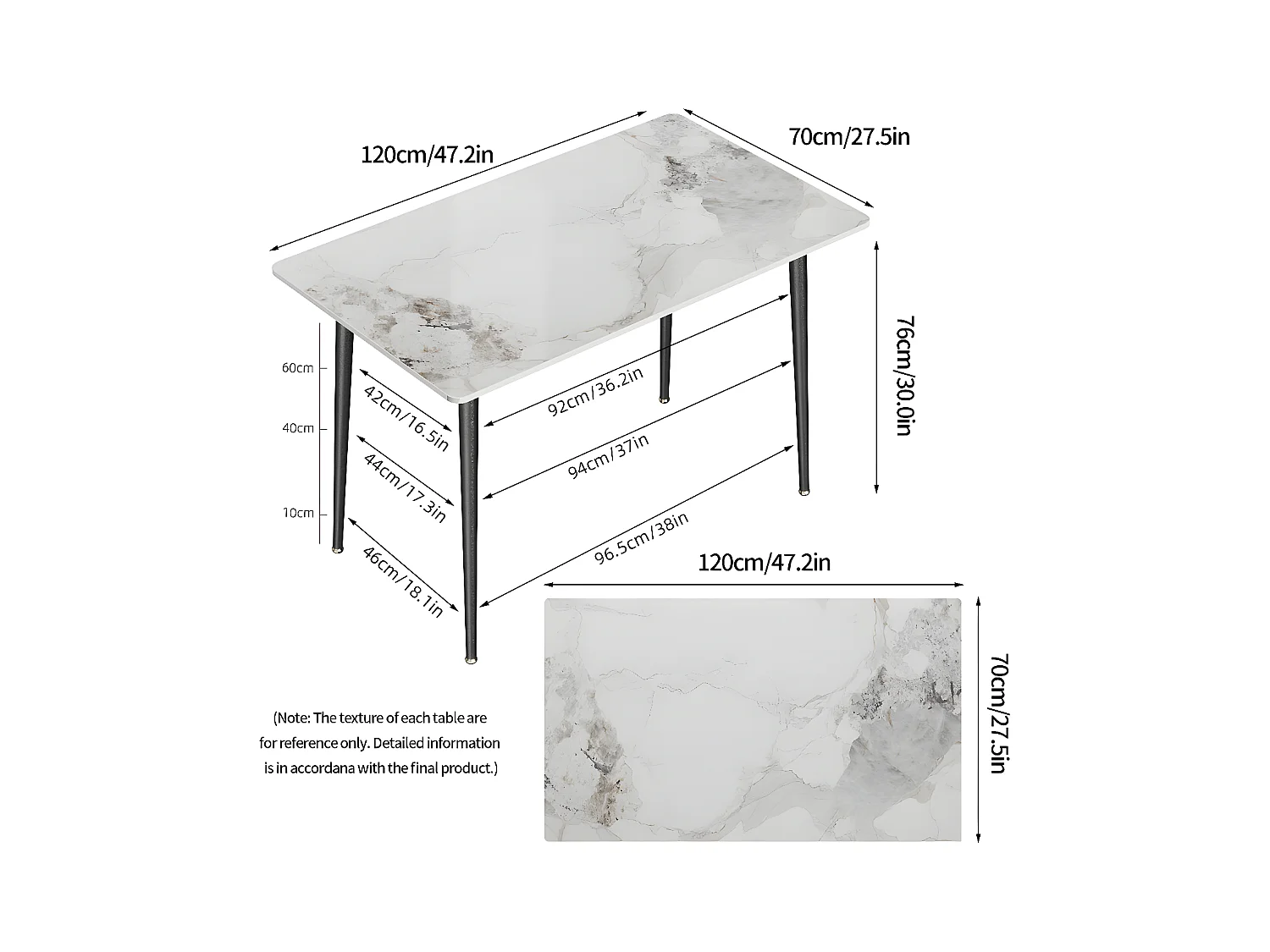 Mesa de comedor rectangular para 6 personas en mármol - blanca 120x70x76cm