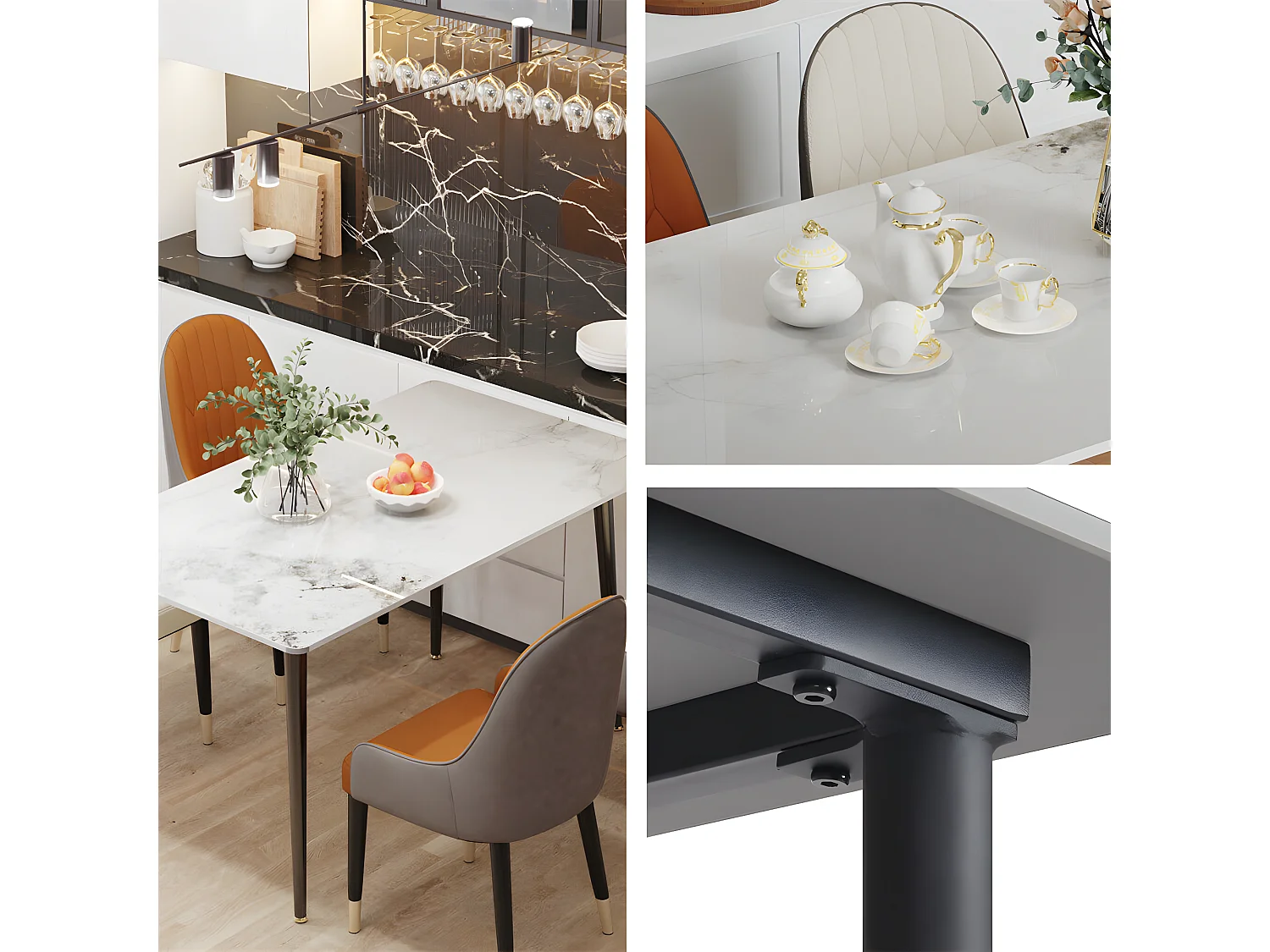 Table à manger rectangle 6 personne en marbre - blanc  120x70x76cm