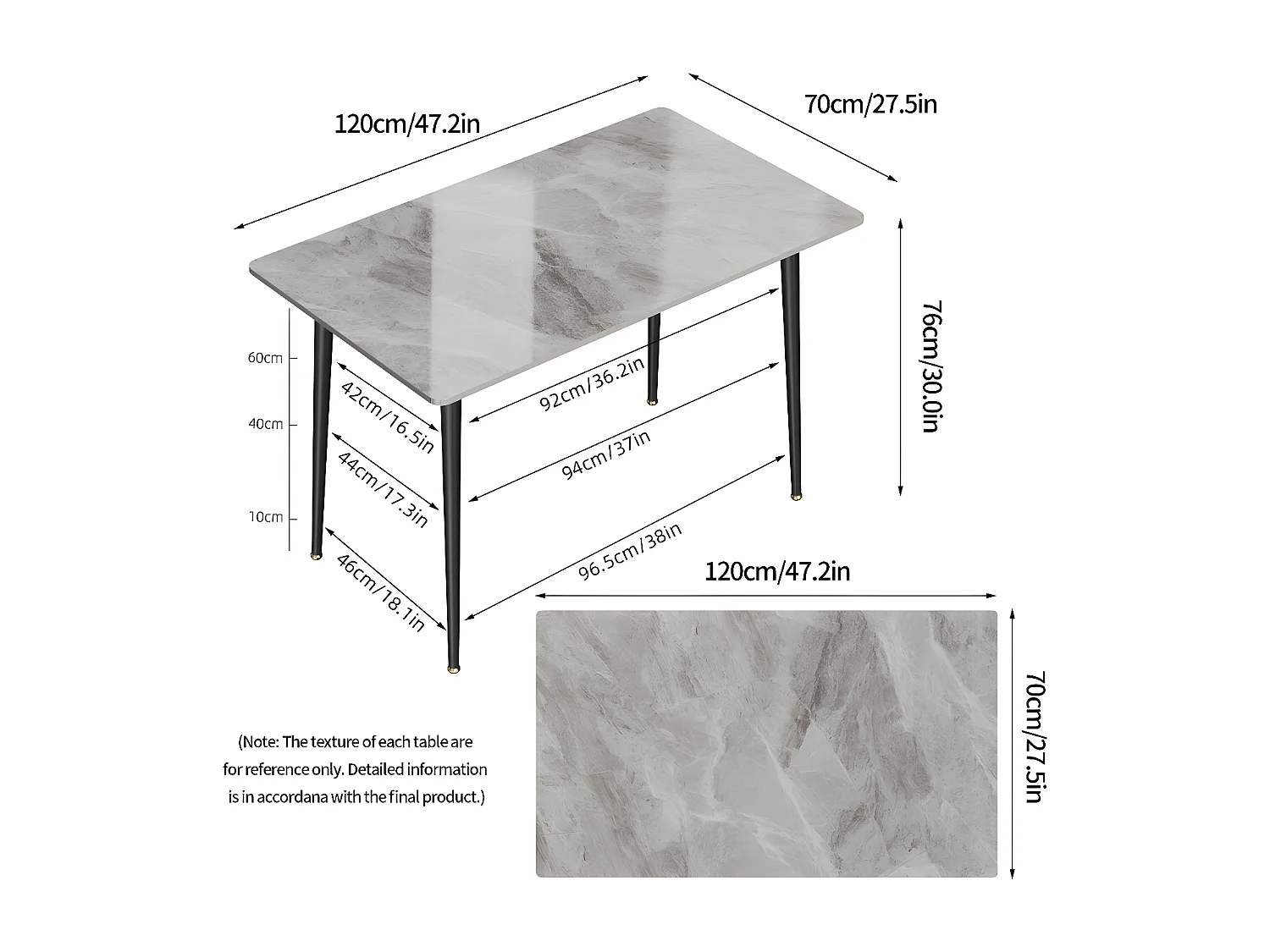 Table à manger rectangle 6 personne en effet marbre et gris 120x70cm 120x70x76cm