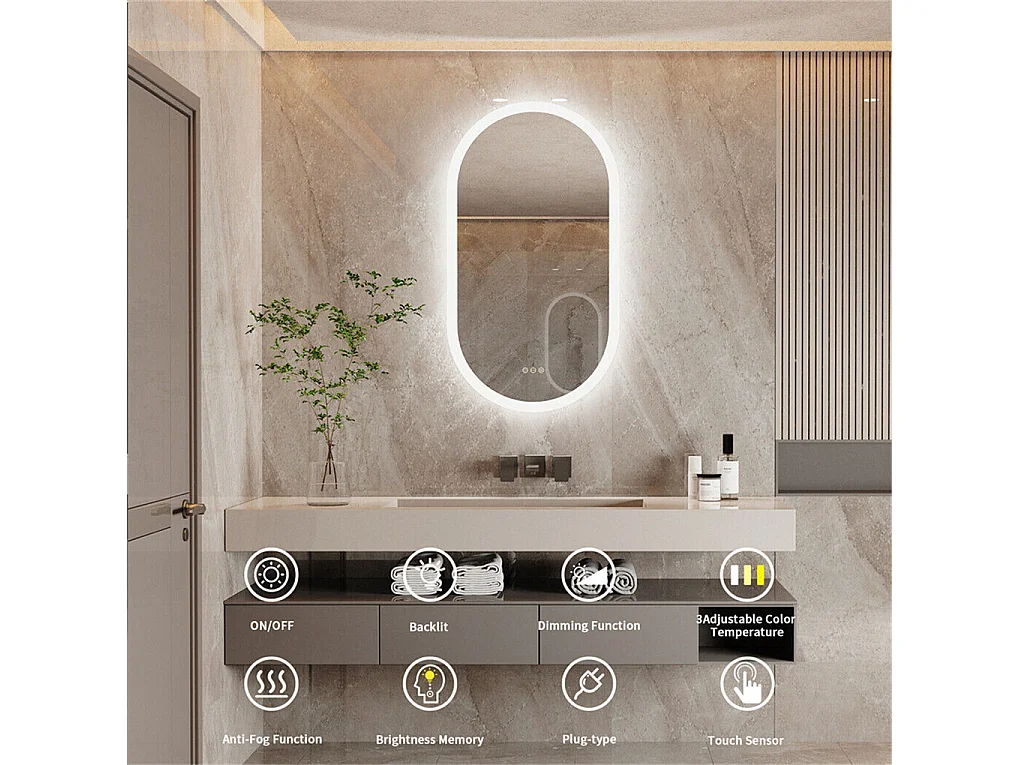 Miroir salle de bain led ovale 100x50cm miroir mural lumineux avec 3 couleurs réglables 100x50cm