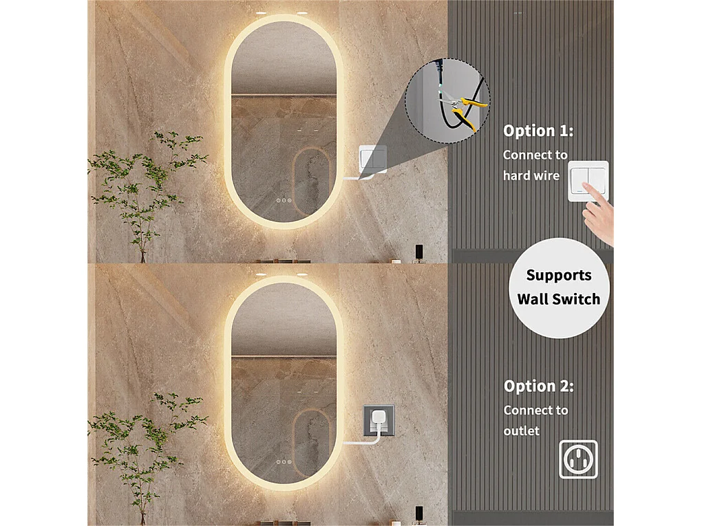 Miroir salle de bain led ovale 100x50cm miroir mural lumineux avec 3 couleurs réglables 100x50cm