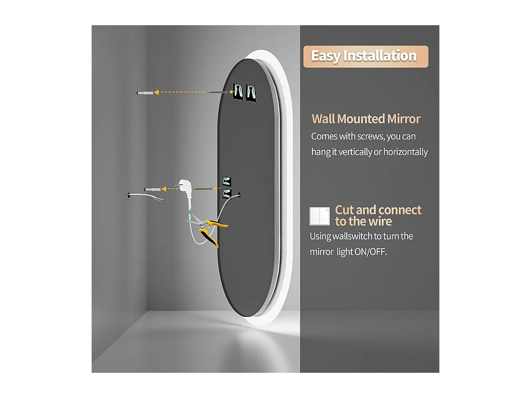 Espejo de baño LED ovalado 100x50cm espejo de pared iluminado con 3 colores ajustables 100x50cm
