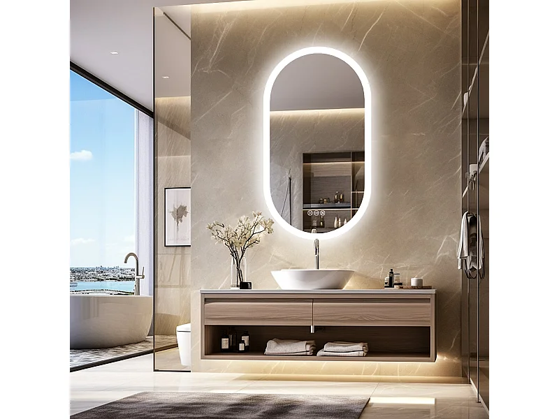 Espejo de baño LED ovalado 80x50cm espejo de pared iluminado con iluminación de 3 colores ajustables 80x50cm