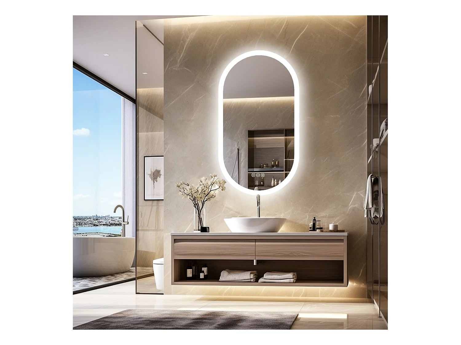 Ovaler LED Badezimmerspiegel 80x50cm beleuchteter Wandspiegel mit 3 einstellbarer Farbbeleuchtung 80x50cm