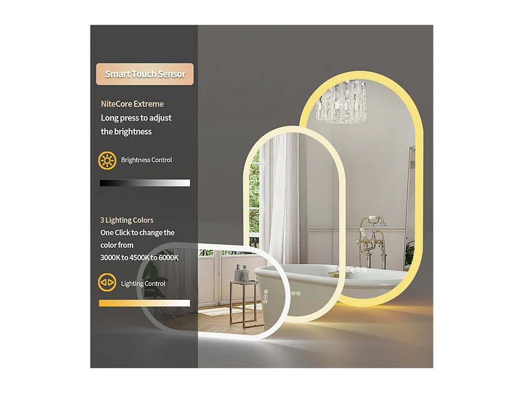 Ovaler LED Badezimmerspiegel 80x50cm beleuchteter Wandspiegel mit 3 einstellbarer Farbbeleuchtung 80x50cm