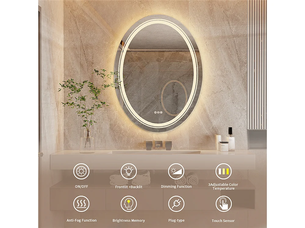 Espejo de baño con iluminación, espejo de pared antivaho con aumento 80x60cm