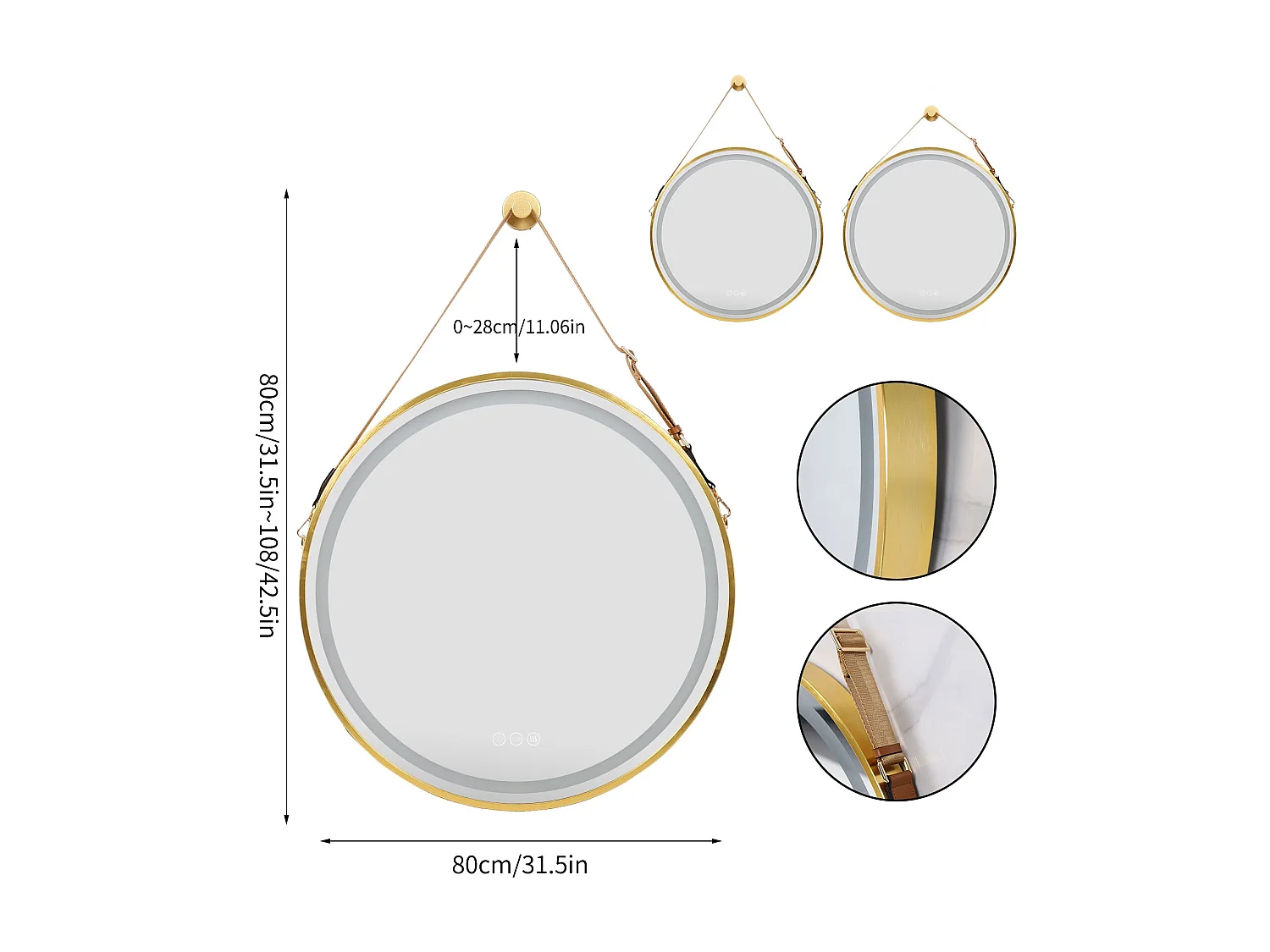 Runder LED Badezimmerspiegel 80cm Beleuchtung mit 3 einstellbaren Farben Antibeschlag 80x80cm