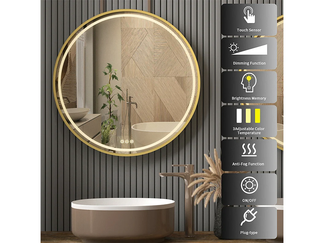 Runder LED Badezimmerspiegel 80cm Beleuchtung mit 3 einstellbaren Farben Antibeschlag 80x80cm