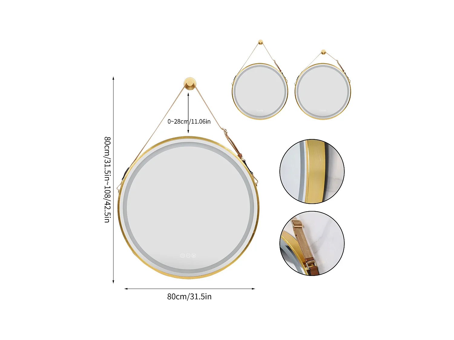 Espejo de baño LED redondo 80cm iluminación con 3 colores ajustables antivaho 80x80cm