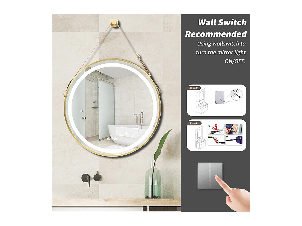 Espejo de baño LED redondo 80cm iluminación con 3 colores ajustables antivaho 80x80cm