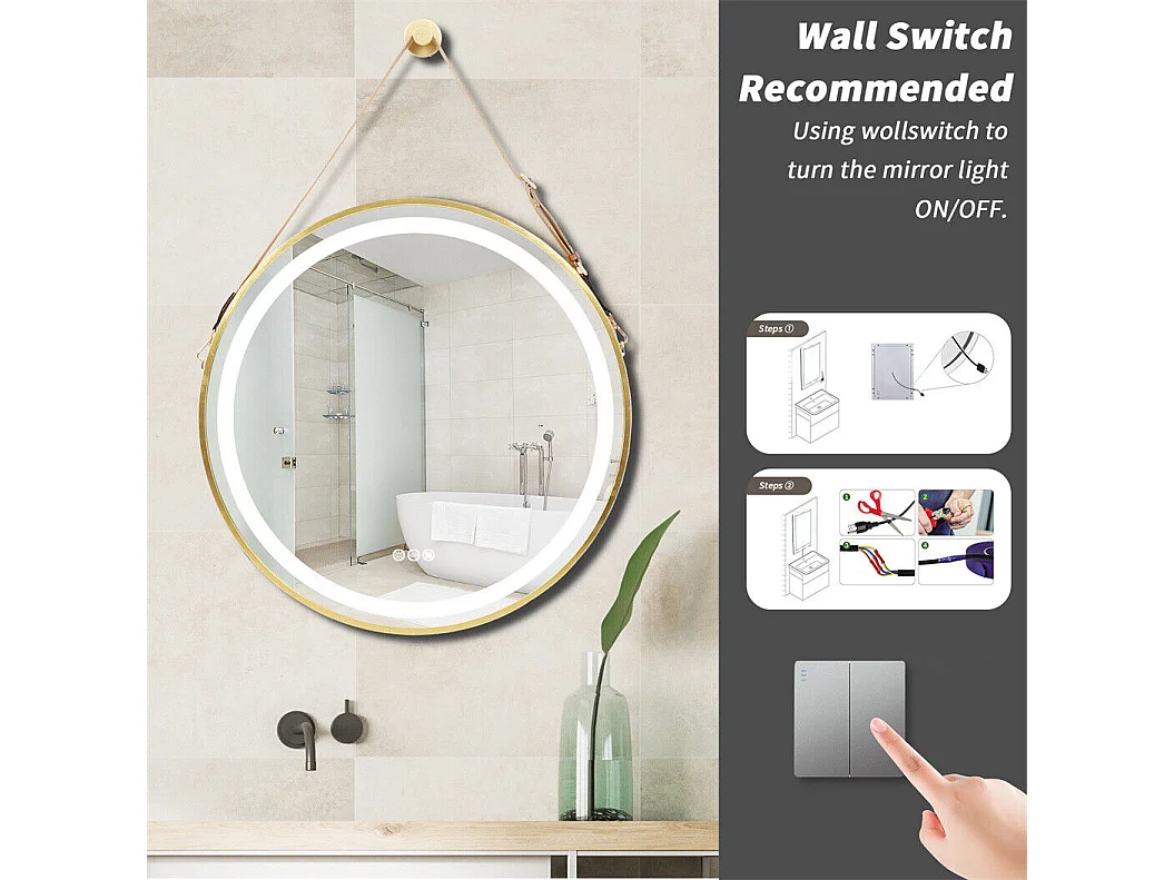 Miroir salle bain led rond 80cm éclairage avec 3 couleurs réglables anti-buée 80x80cm