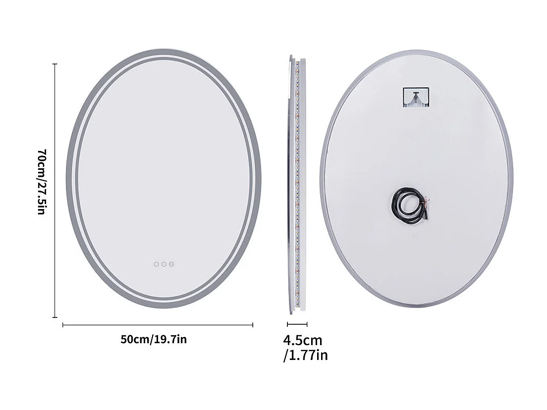 Espejo de baño LED 70x50cm espejo de pared antivaho ovalado con 3 colores ajustables 50x70cm