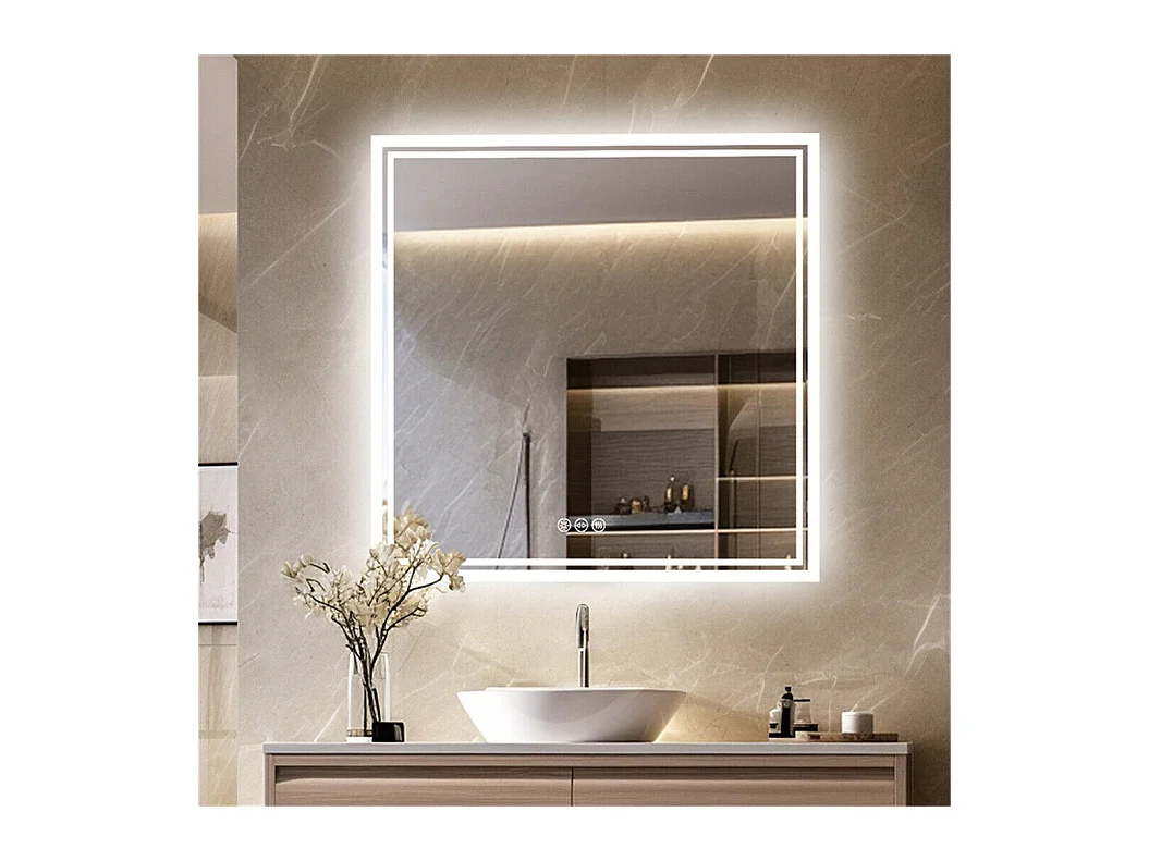 Miroir salle de bain led 80x80cm miroir mural carré avec 3 couleurs réglables 80x80cm