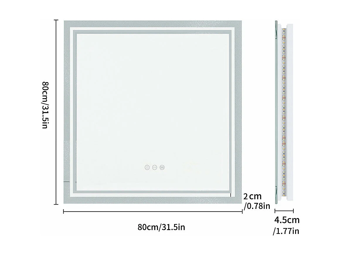 Espelho de banheiro LED 80x80cm espelho de parede quadrado com 3 cores ajustáveis ​​80x80cm