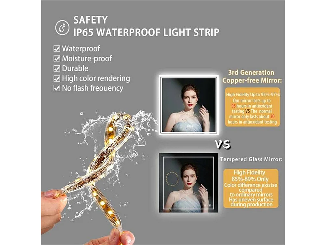 Espelho de banheiro LED 80x80cm espelho de parede quadrado com 3 cores ajustáveis ​​80x80cm