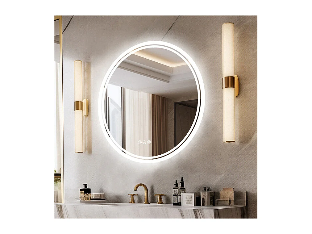 Miroir salle de bain led rond miroir mural anti-buée avec 3 couleurs réglables 80x80cm