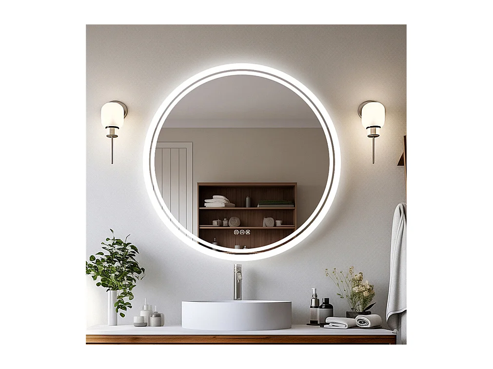 Espejo de baño redondo LED antivaho de pared con 3 colores ajustables, 80 x 80 cm
