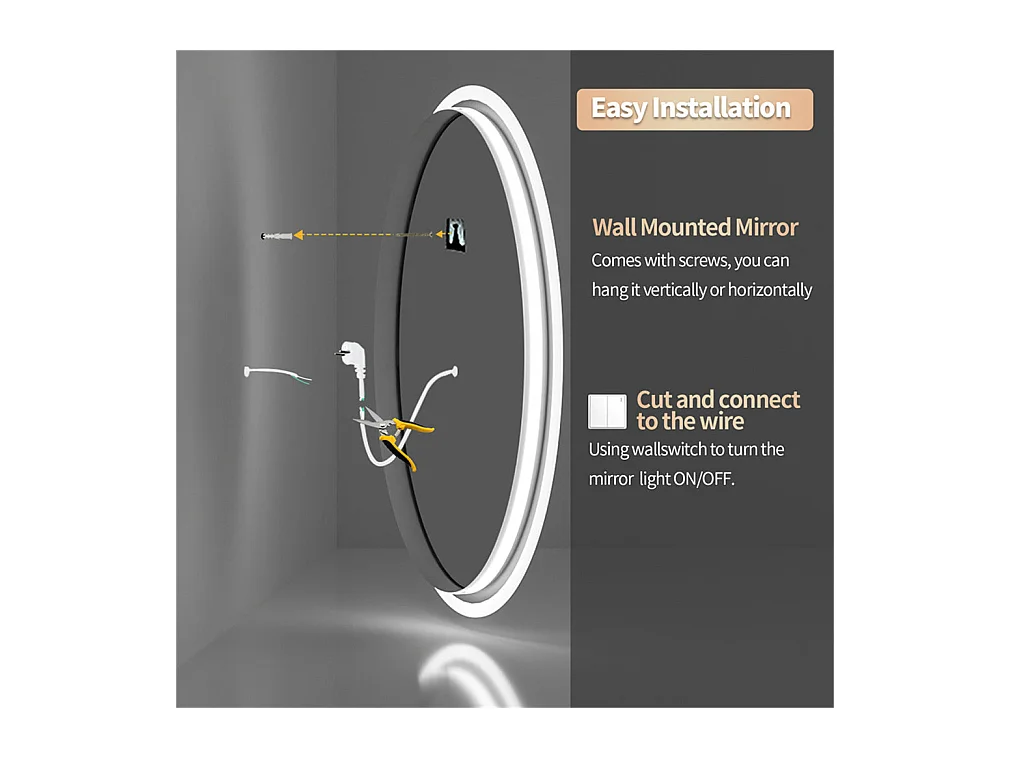Espejo de baño redondo LED antivaho de pared con 3 colores ajustables, 80 x 80 cm