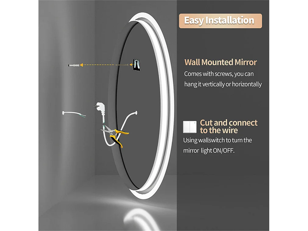 Espejo de baño redondo LED antivaho de pared con 3 colores ajustables, 80 x 80 cm