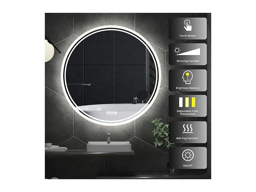 Espejo de baño redondo LED antivaho de pared con 3 colores ajustables, 80 x 80 cm