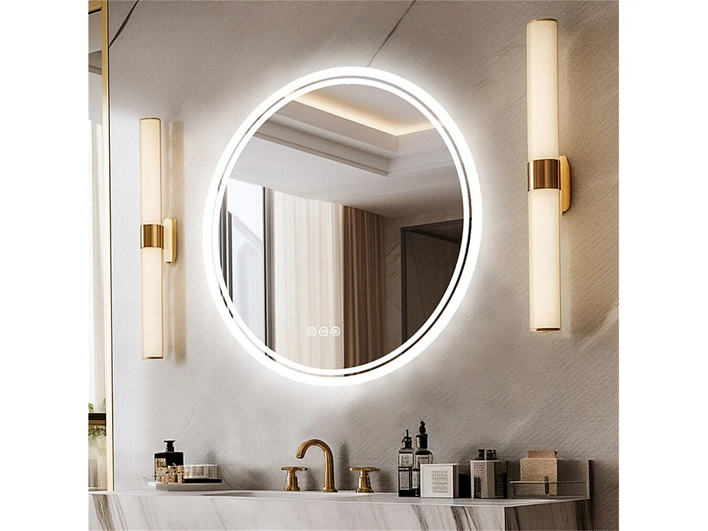 Miroir salle de bain led rond miroir mural anti-buée avec 3 couleurs réglables 80x80cm