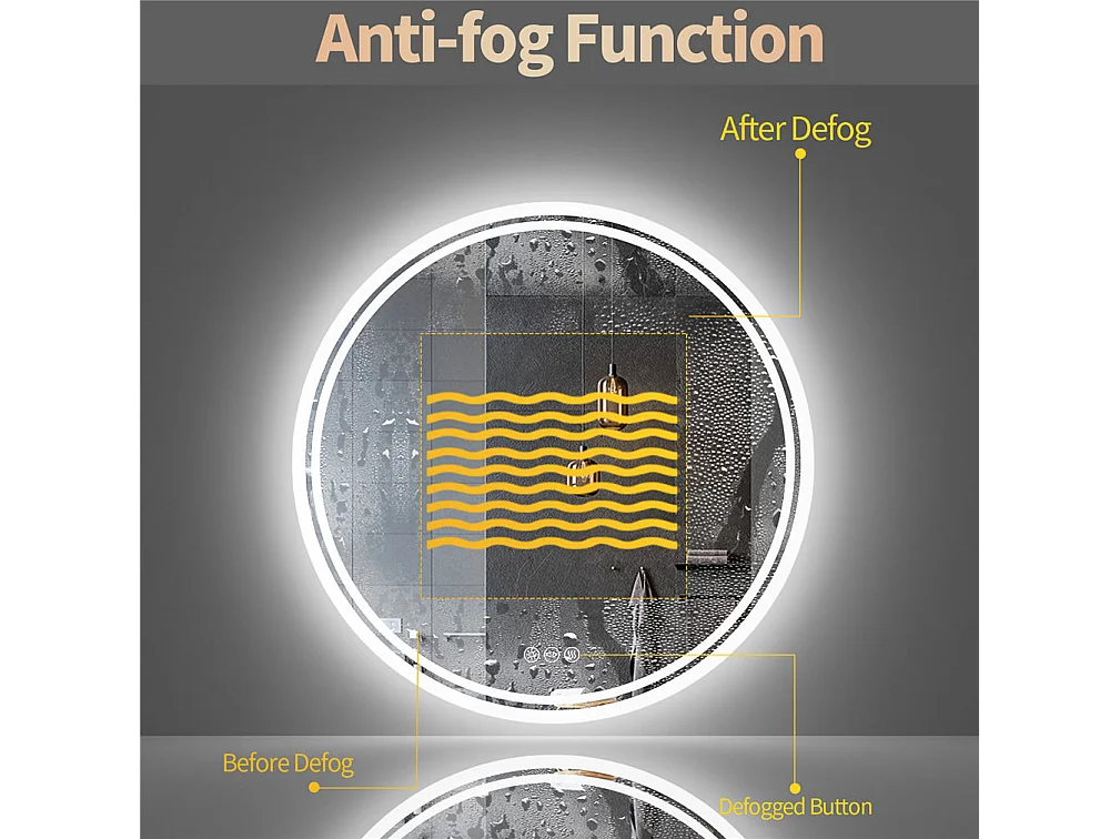 Miroir salle de bain led rond miroir mural anti-buée avec 3 couleurs réglables 80x80cm