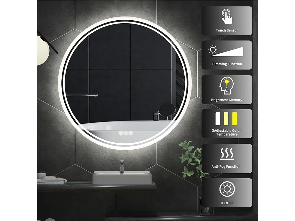Miroir salle de bain led rond miroir mural anti-buée avec 3 couleurs réglables 80x80cm