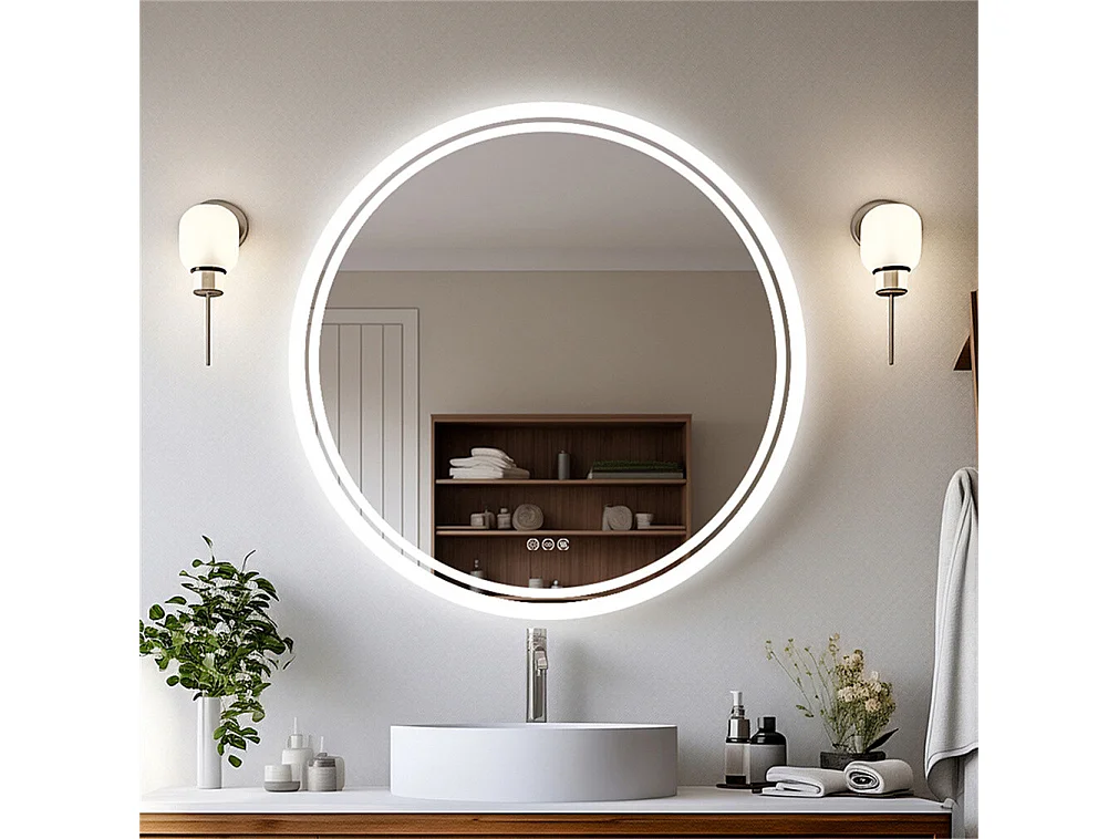 Miroir salle de bain led rond miroir mural anti-buée avec 3 couleurs réglables 80x80cm