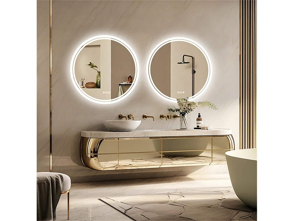 Miroir salle de bain led rond miroir mural anti-buée avec 3 couleurs réglables 80x80cm