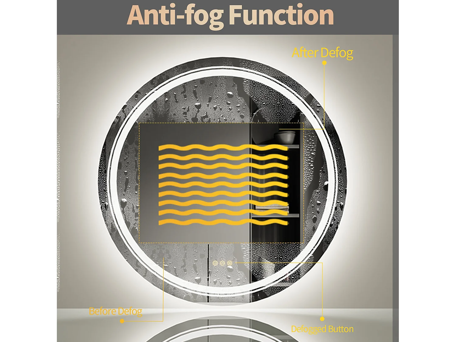 Specchio da bagno rotondo a LED 90x90cm, specchio da parete illuminato tricolore antiappannamento 90x90cm