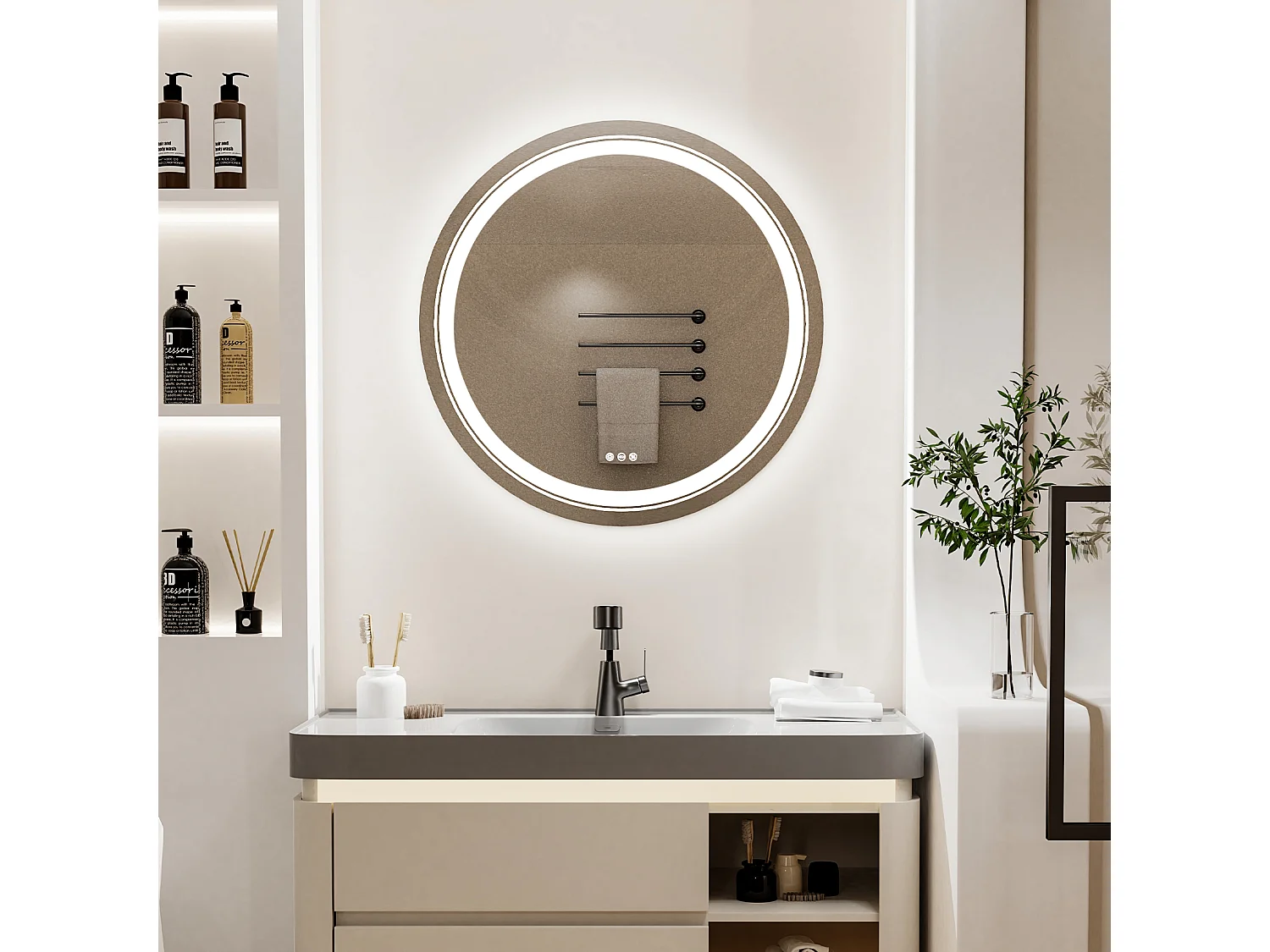 Specchio da bagno rotondo a LED 90x90cm, specchio da parete illuminato tricolore antiappannamento 90x90cm