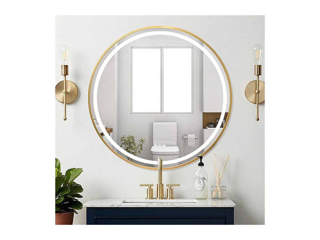 Espelho redondo LED para banheiro dourado com 3 cores reguláveis ​​antiembaçante 60x60cm