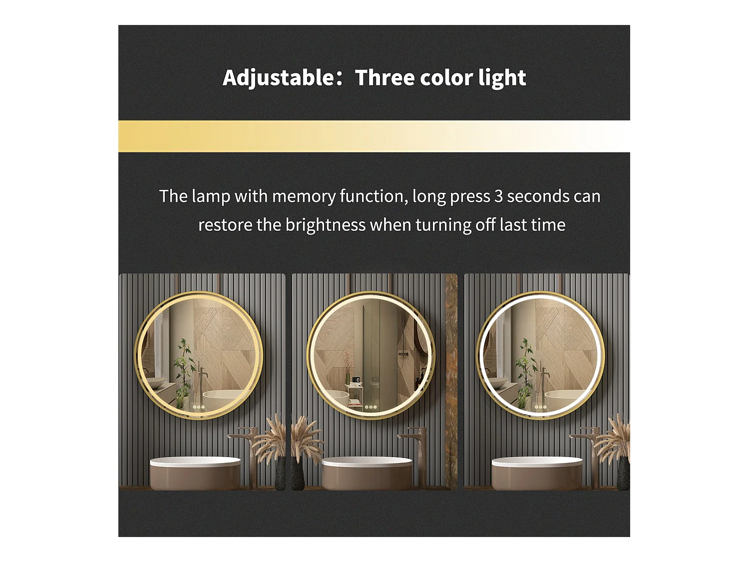 Runder LED Badezimmerspiegel gold mit 3 einstellbaren Farben Antibeschlag 60x60cm