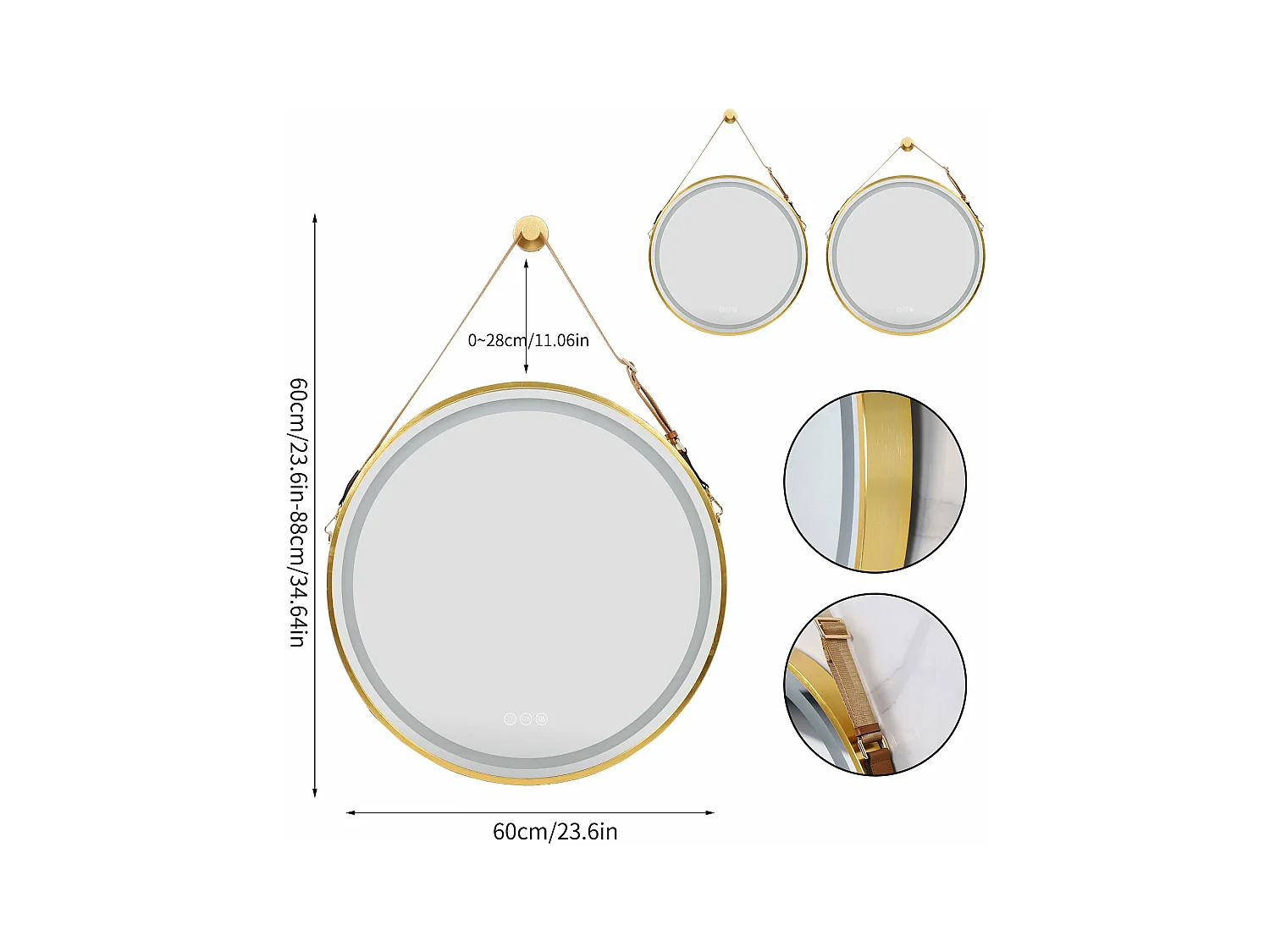 Runder LED Badezimmerspiegel gold mit 3 einstellbaren Farben Antibeschlag 60x60cm